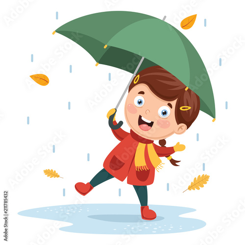 Vector Illustration Of Girl Playing Under Rain