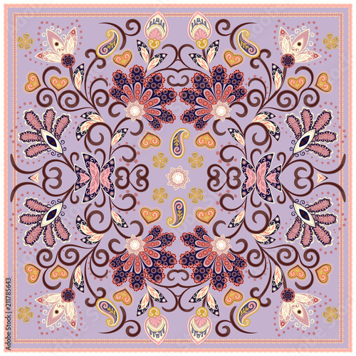 Lovely tablecloth ethnic indian flowers. Beautiful vector ornament. Card, bandana print, kerchief design, napkin. Pastel pink blue beige ornate pattern on white. Ready for print.
