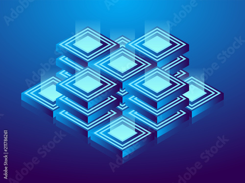 Cryptocurrency and blockchain, abstract isometric 3D illustration. Cryptocurrency mining farm, vector technology background.