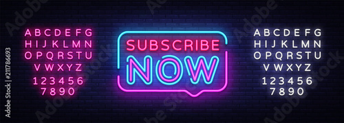 Subscribe Now neon signs vector. Subscribe Now text Design template neon sign, light banner, neon signboard, nightly bright advertising, light inscription. Vector. Editing text neon sign