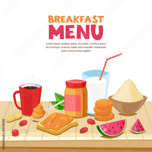 Breakfast menu design  vector cartoon illustration. Peanut butter sandwich  tea  coffee mug  oatmeal on wooden table.