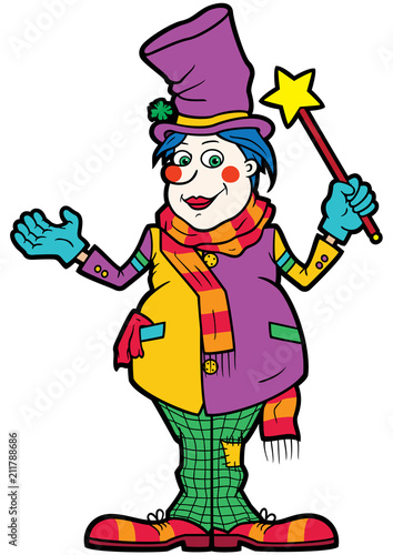Friendly clown illusionist/ Illustration cartoon funny man with a magic wand disguised in top hat and clown clothes