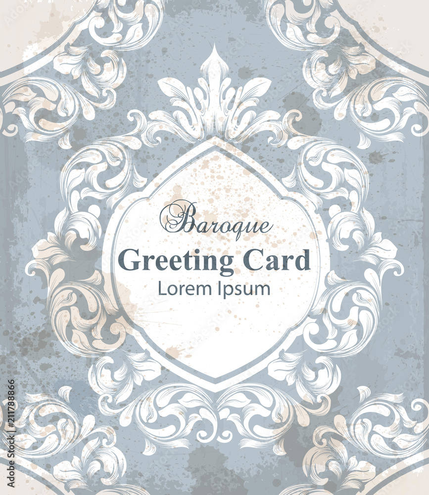 Vintage greeting card with baroque ornamented background Vector. Old effect texture decors
