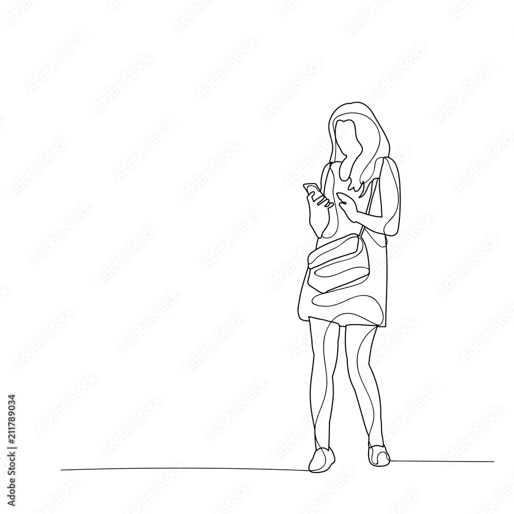 vector, isolated, sketch of a girl with a phone