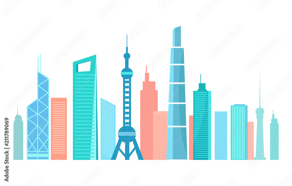 Asian Modern City Silhouette with High Skyscrapes