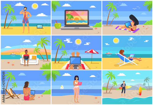 Freelancers at Work Seaside Vector Illustration