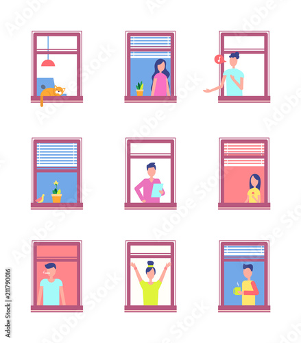 People in Open Windows Isolated on White Men Women