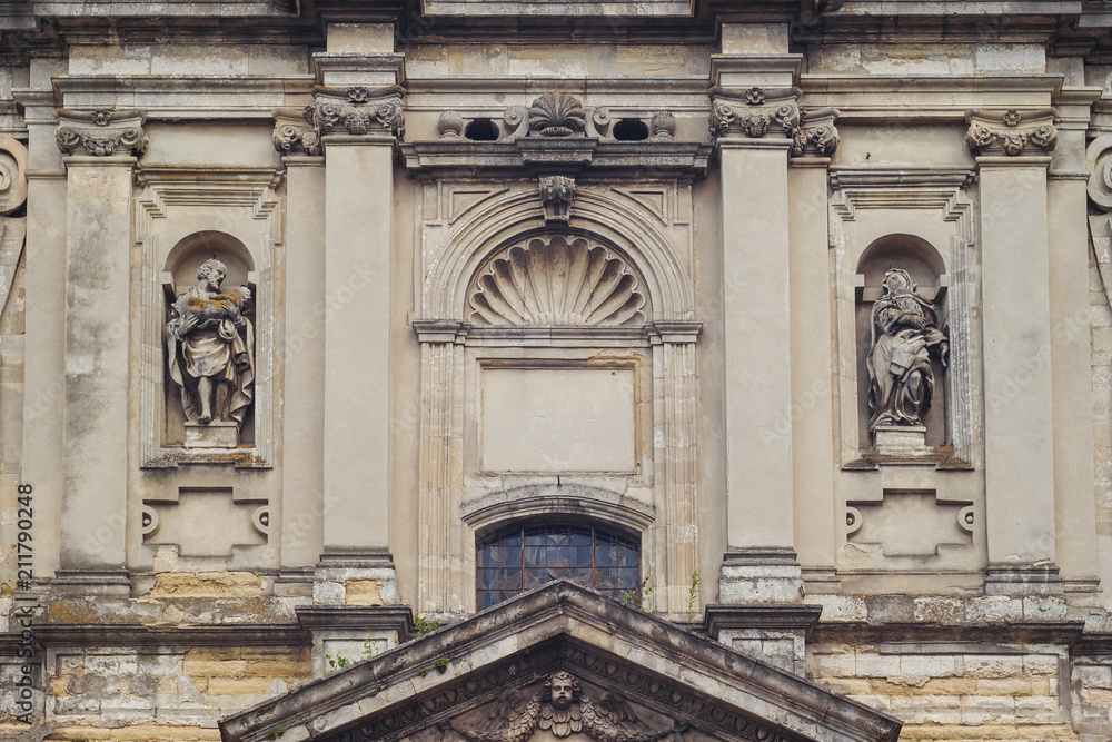 Beautifully decorated facade of the old church. Fragment. Lviv. Ukraine