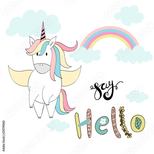 Magic cute unicorn. Vector hand drawn greeting card.
