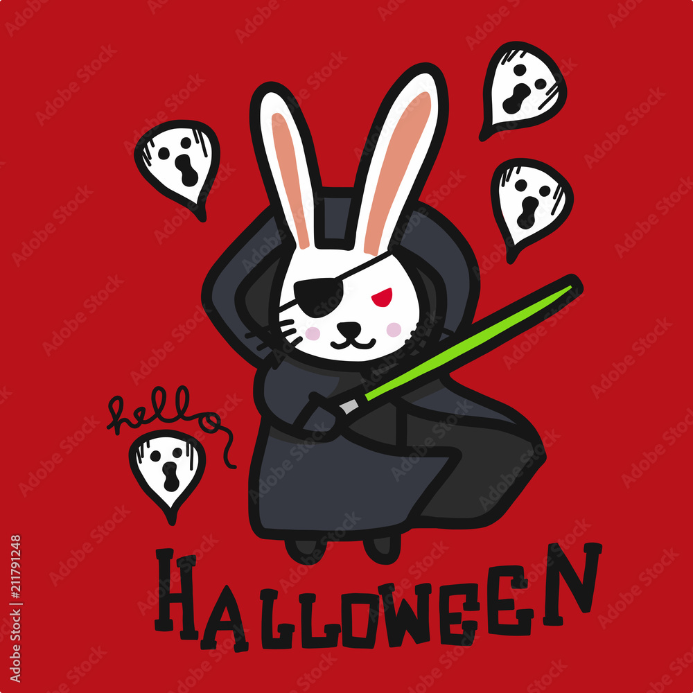 Dark rabbit and laser blade and ghosts Hello Halloween cartoon doodle  vector illustration Stock Vector | Adobe Stock