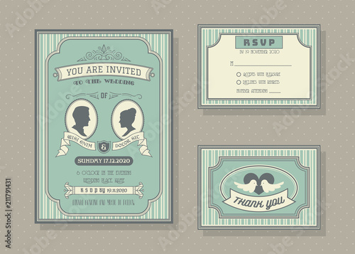 Wedding invitation card vector template set.