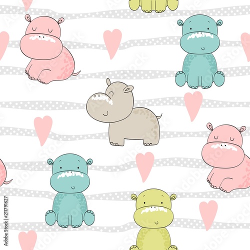 Vector hand drawn seamless pattern with cute hippos