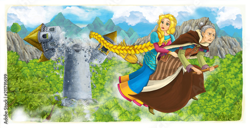 cartoon scene with witch and princess flying on a broom escaping from falling castle tower - illustration for children © honeyflavour