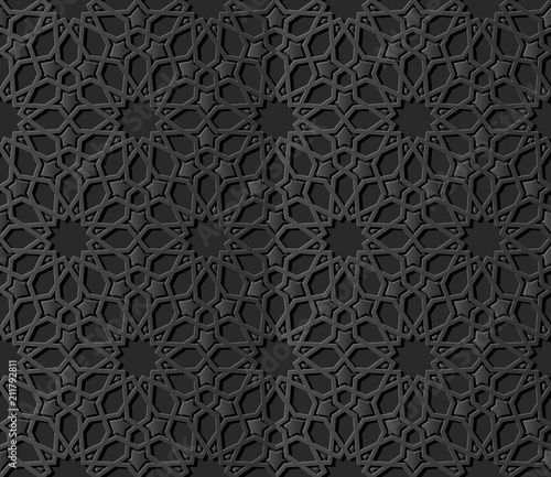 3D dark paper art Islamic geometry cross pattern seamless background