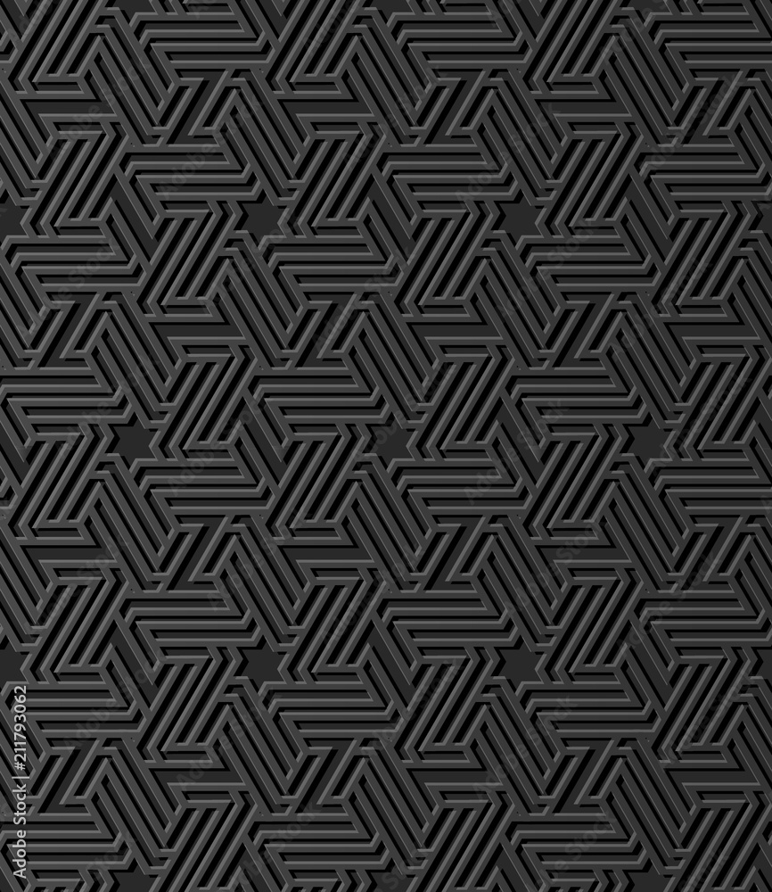 3D dark paper art Islamic geometry cross pattern seamless background 3D dark paper art Islamic geometry cross pattern seamless background
