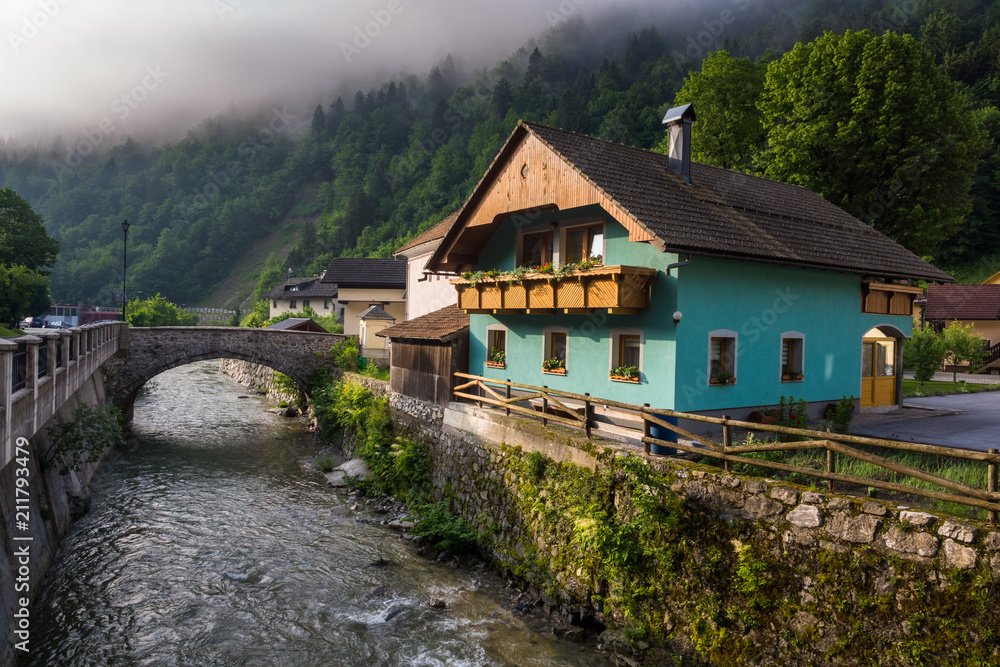Small mountain town Zelezniki in Carniola region, Slovenia .