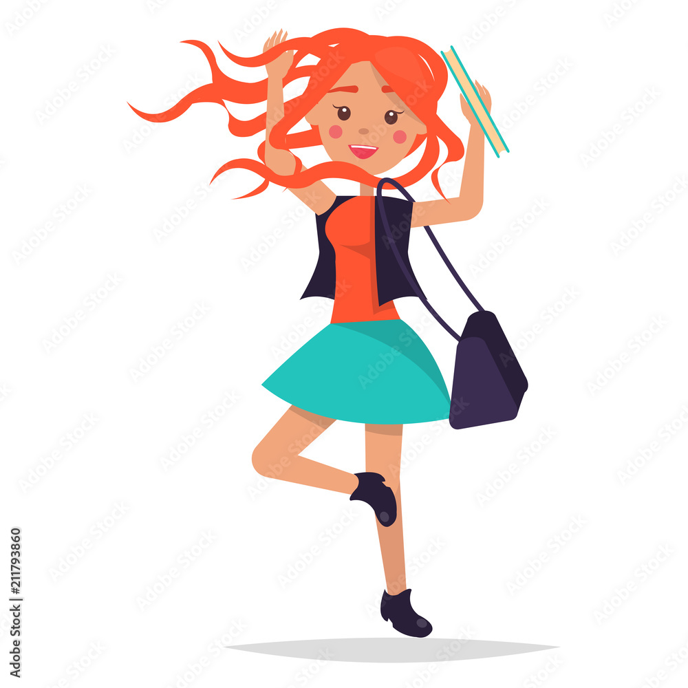 Jumping Redhead Girl Student with Bag Illustration Jumping Redhead Girl Student with Bag Illustration