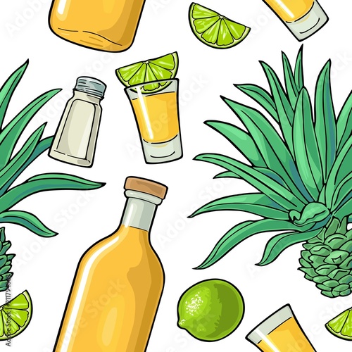 Seamless pattern of bottle, glass tequila, salt, cactus and lime