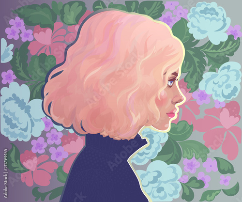 vector beautiful girl with pink hair in profile on a background of bright gentle blue flowers