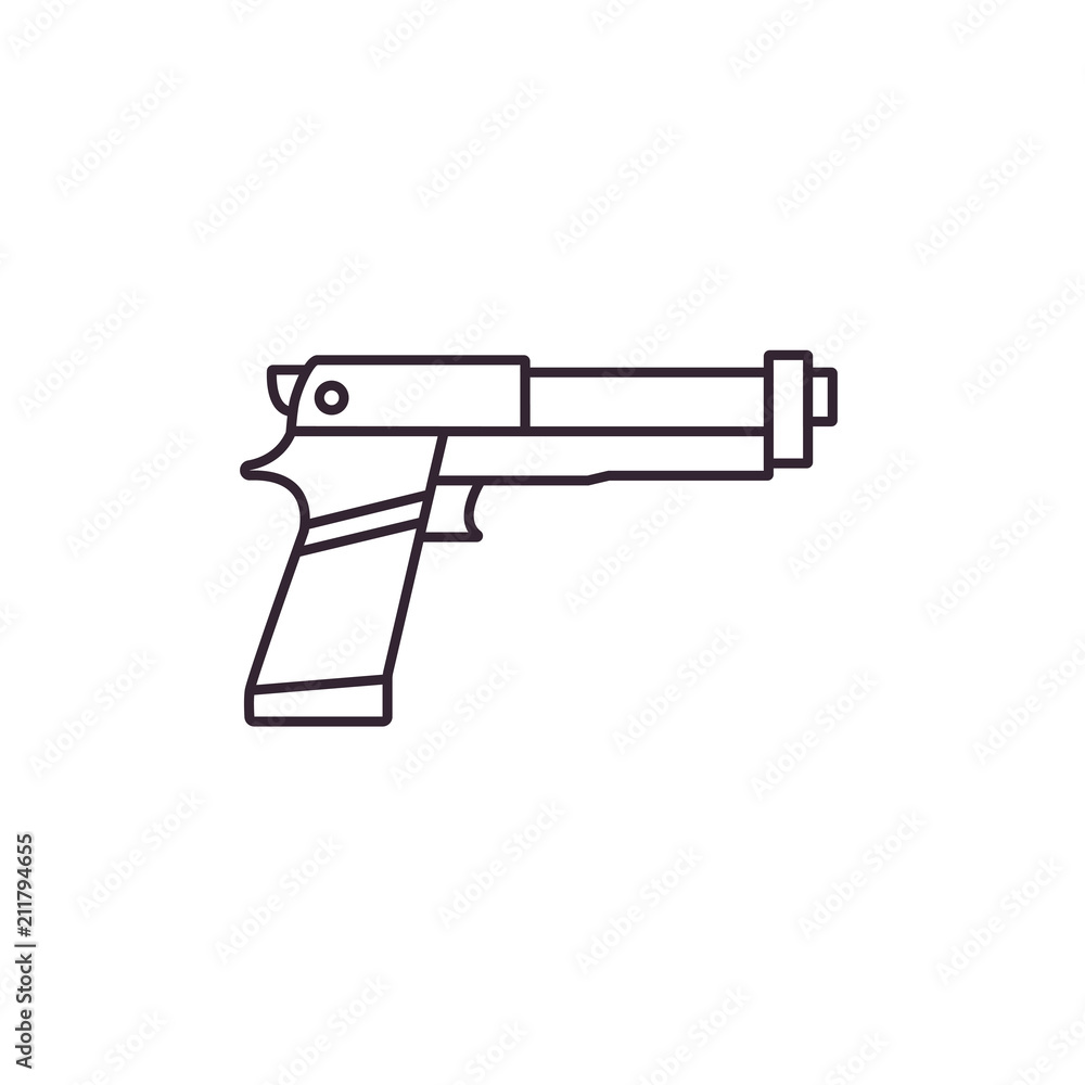 Gun - flat line icon on isolated background. Toy handgun or pistol sign, symbol, pictogram. Weapon vector logo, object, element.