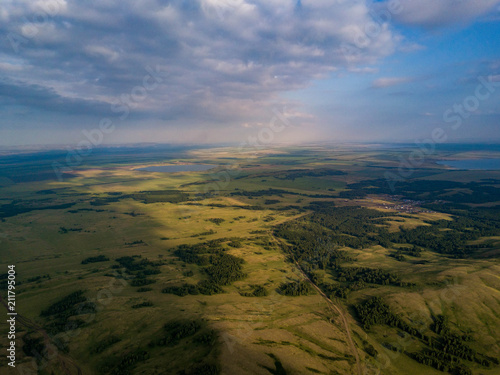 Panoramic view from drone of the fields near mountains