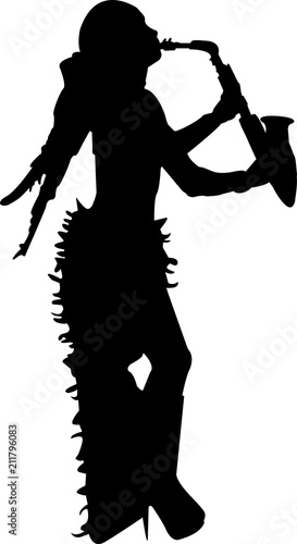 vector of silhouette of a woman saxophonist in an angel suit in black