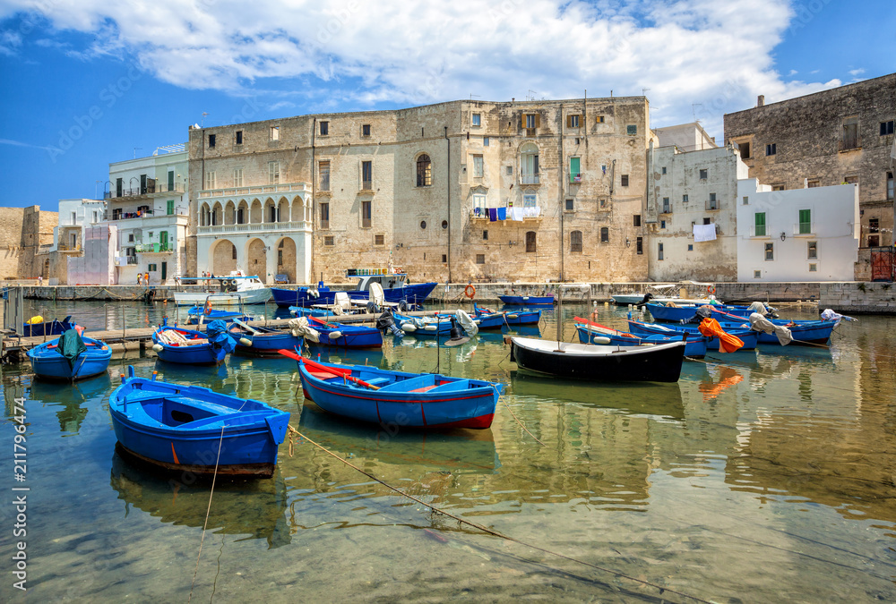 Old port of Monopoli province of Bari, Puglia (Apulia), Italy, Europe. Monopoli seaside of Adriatic Sea, Puglia, Italy. Architecture and landmark of Monopoli and Italy.