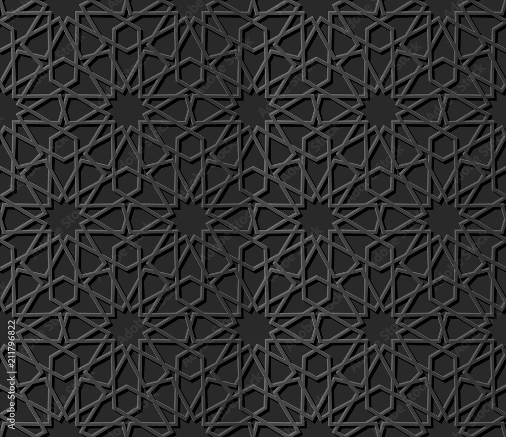 3D dark paper art Islamic geometry cross pattern seamless background 3D dark paper art Islamic geometry cross pattern seamless background