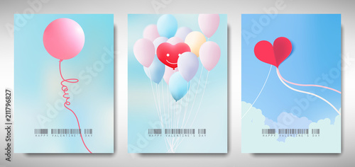 Set of Valentines day card template design, colorful balloons and heart kite flying in the sky with love message, minimalist style