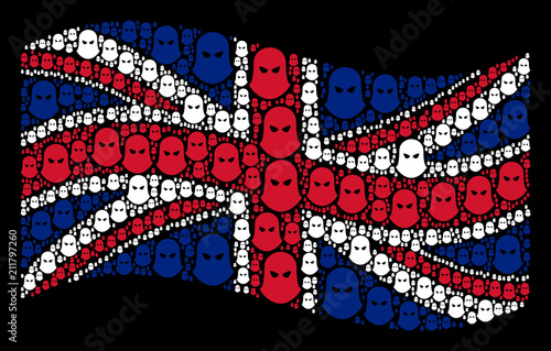 Waving Great Britain flag on a black background. Vector terrorist balaklava icons are scattered into geometric UK flag illustration. Patriotic concept combined of terrorist balaklava icons.