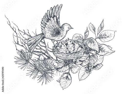 Bouquet with hand drawn blossom branches and birds.