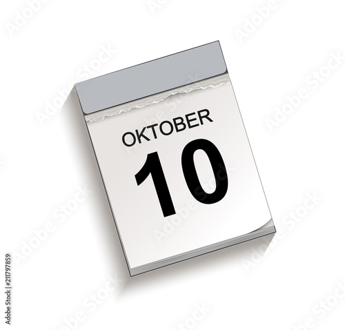 Kalender, Abreißkalender mit Datum 10 Oktober 
Vektor Illustration isoliert auf weißem Hintergrund