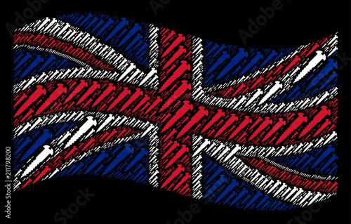 Waving United Kingdom official flag on a black background. Vector screw icons are arranged into mosaic UK flag composition. Patriotic composition made of screw icons.