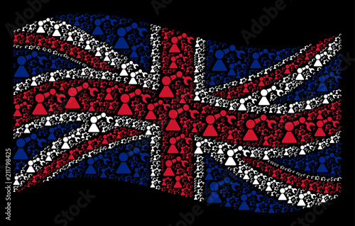 Waving British official flag on a black background. Vector robotics manipulator pictograms are arranged into mosaic UK flag illustration. Patriotic collage created of robotics manipulator icons.