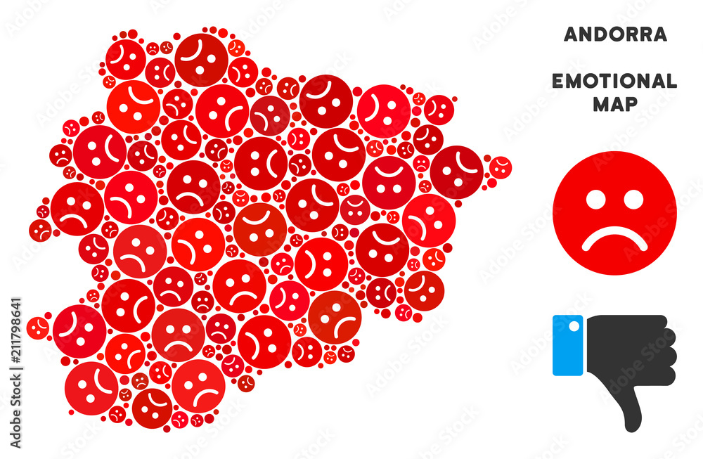 Naklejka Emotion Andorra map composition of sad smileys in red colors. Negative mood vector concept of depression regions. Andorra map is made from red sadness emotion symbols. Abstract territory plan.