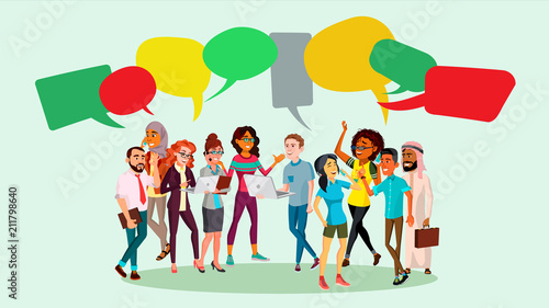 People Group Chat Vector. Businesspeople Discussing. Brainstorming. Talking Communication. Speech Bubbles. Illustration