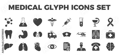 Medical Vector Icons Set. Glyph Related Icons, Sign and Symbols in Flat Design Medicine and Health Care with Elements for Mobile Concepts and Web Apps. Collection Infographic Logo and Pictogram