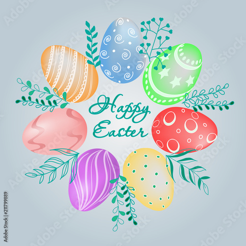 easter, eggs, background, white, wreath, hand, drawn, frame, decorative, doodle, floral, happy, egg, vector, isolated, illustration, card, design, black, circle, greeting, shape, sketch, decoration, l