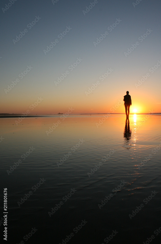 Silhouette of a woman walking on a beach with her reflection in the water
