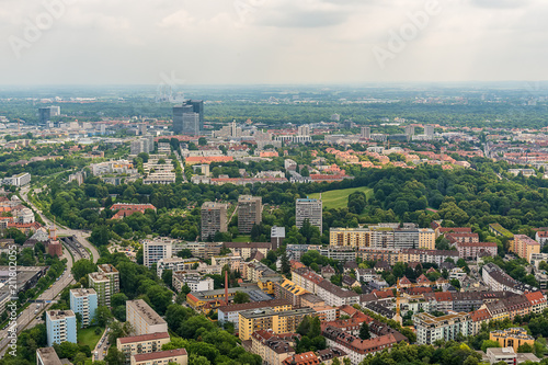 Munich, Germany June 09, 2018: Munich city from above. Panorama of the city of Munich. High angle view over Munich. 