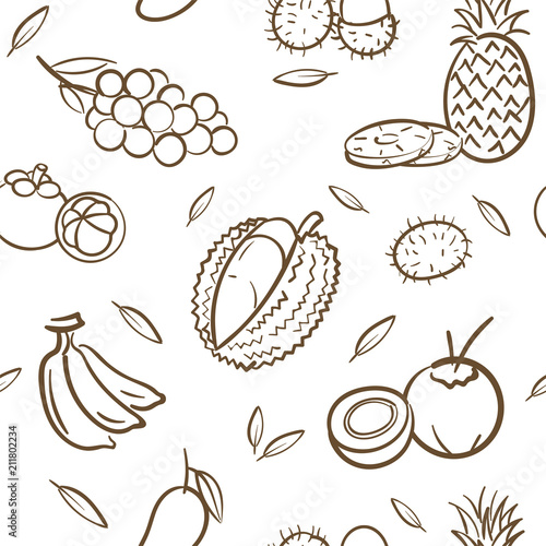 Sketch of mix tropical Thai fruits seamless pattern background vector format in hand drawing cartoon style