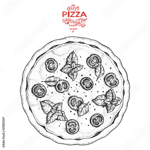 Italian Pizza hand drawn vector illustration. Packaging design template. Sketch illustration.