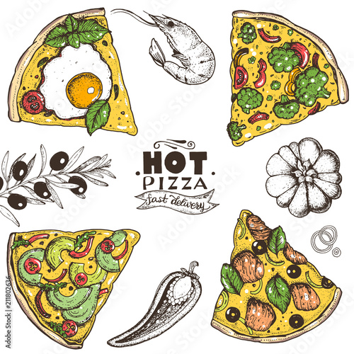 Italian pizza and ingredients top view . Italian food menu design template. Vintage hand drawn vector illustration. Engraved style illustration. Pizza label for menu.