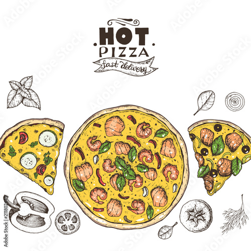 Italian pizza and ingredients top view . Italian food menu design template. Vintage hand drawn vector illustration. Engraved style illustration. Pizza label for menu.