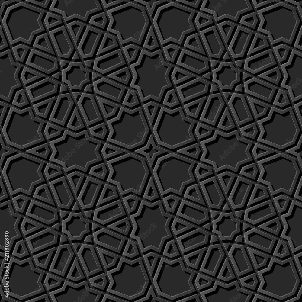 3D dark paper art Islamic geometry cross pattern seamless background 3D dark paper art Islamic geometry cross pattern seamless background