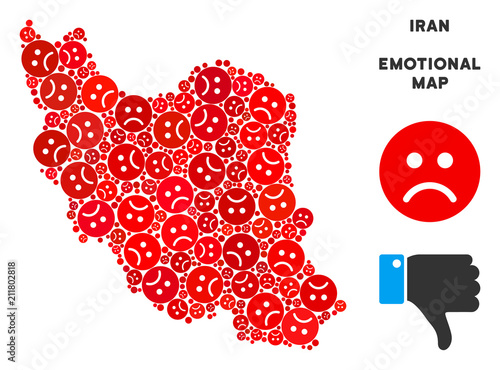 Emotion Iran map collage of sad smileys in red colors. Negative mood vector template of depression regions. Iran map is constructed from red upset emotion symbols. Abstract geographic plan.
