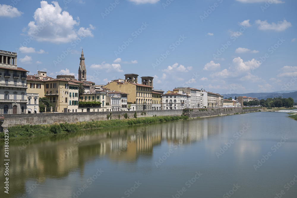 Firenze, Italy - June 21, 2018 : View of Lungarno delle Grazie from Ponte Delle Grazie (Grazie bridge)