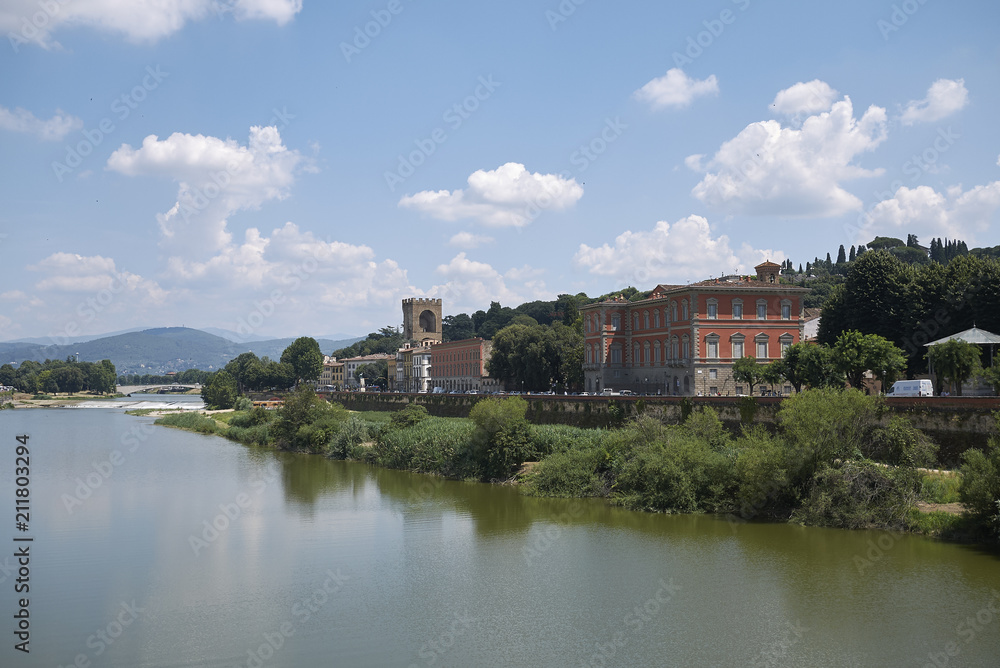 Firenze, Italy - June 21, 2018 : View of Terzo Giardino from Ponte Delle Grazie (Grazie bridge)
