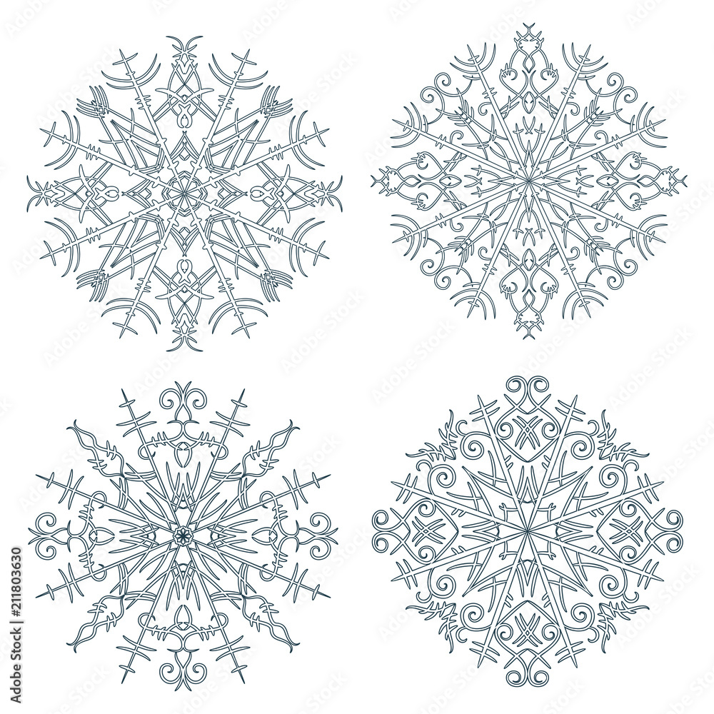 Set of dark blue snowflakes isolated on white background. Vector illustration.