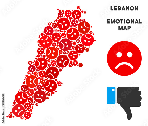 Emotion Lebanon map composition of sad emojis in red colors. Negative mood vector template of crisis regions. Lebanon map is formed of red pity emotion symbols. Abstract territory scheme.